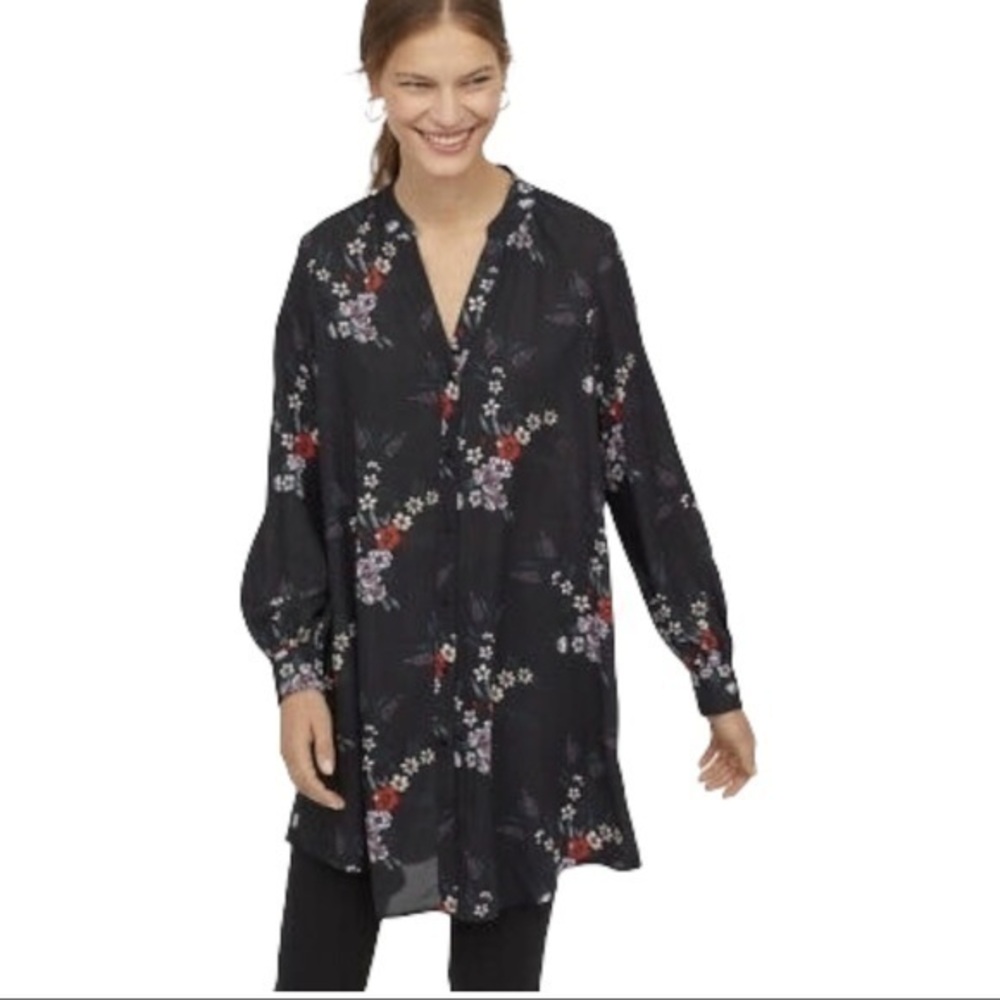 H&M Black Red & White Floral Boho Long Sleeve Tunic Size 2